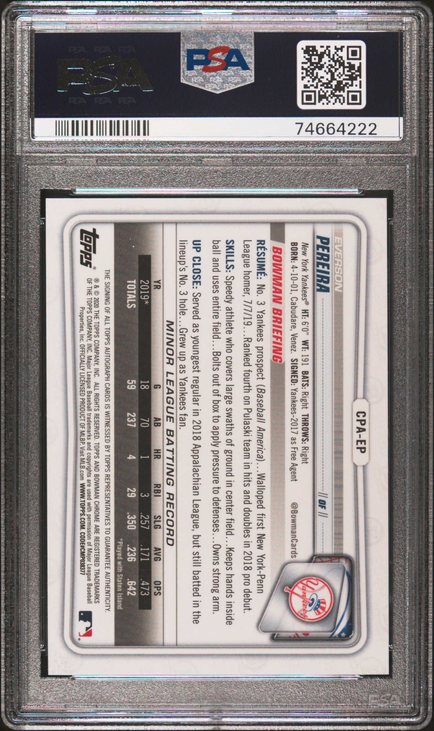 2020 Bowman Chrome Prospect Autographs Everson Pereira #CPAEP Speckle Refractor PSA 10